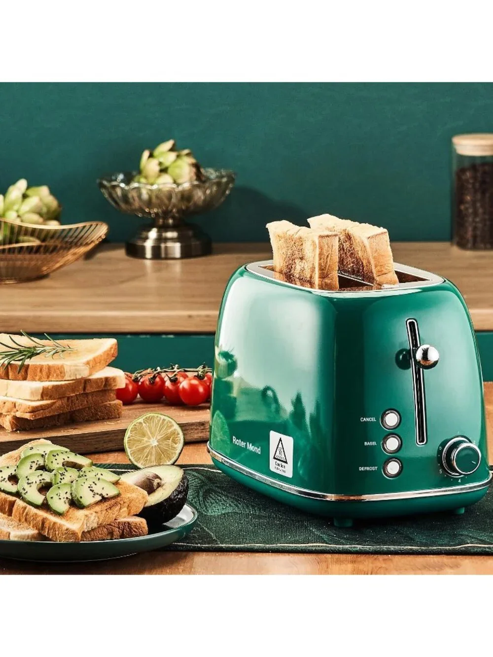 2 Slice Green Toaster Retro Stainless Steel with Bagel Defrost Functions Toaster